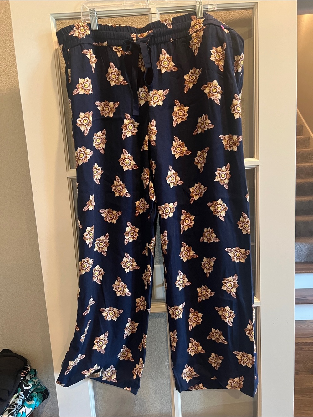 LOFT Navy Floral Palazzo Pants with Drawstring
